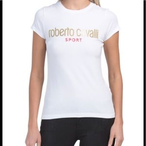 New Roberto Cavalli Logo Glitter T-Shirt Sz S